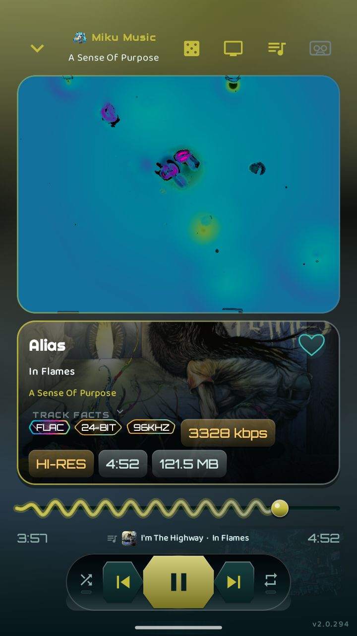 Miku Music Now Playing during a 24-bit 96 kHz FLAC: FLAC, 24-BIT, 96KHZ, 3328 kbps and HI-RES badges