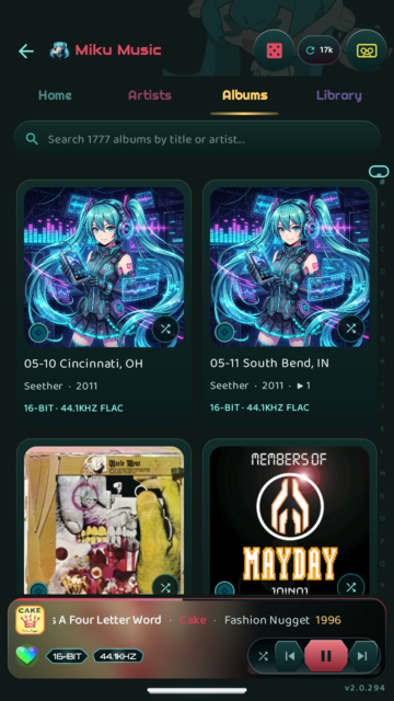 Album grid with per-album format and year badges