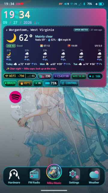MikuOS launcher home screen with clock, weather, DAC and battery tiles